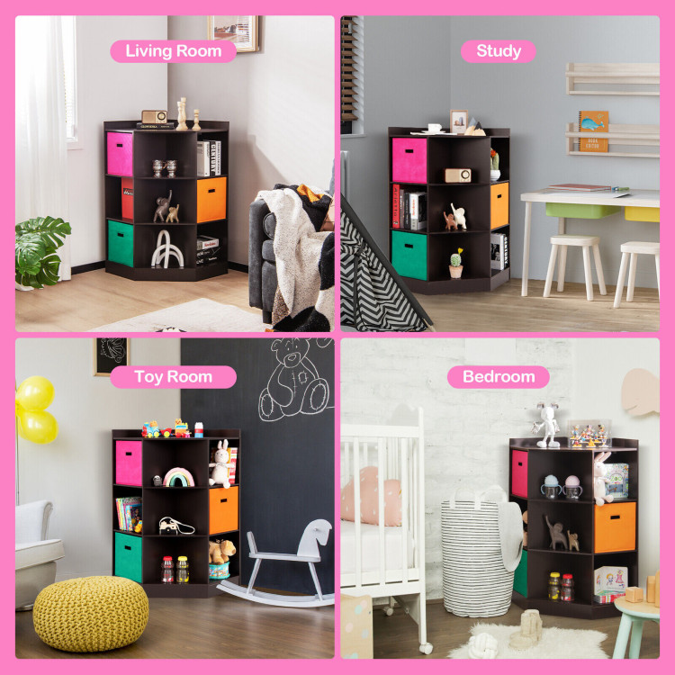 3-Tier Kids Storage Shelf Corner Cabinet with 3 Baskets-BrownCostway Gallery View 5 of 10